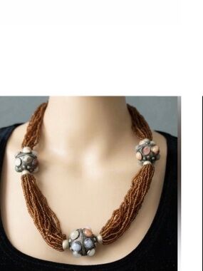 Vintage Artisan Necklace • Semi-Precious Stone Globes & Rust Seed Beads •Museum